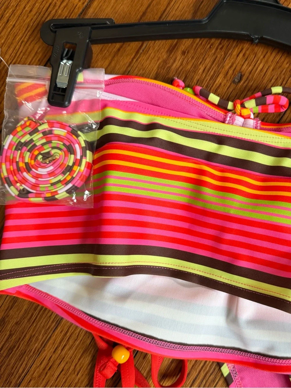 No Boundaries Striped Bandeau Tankini & Side Tie Bikini Set XS Colorful Bead NWT